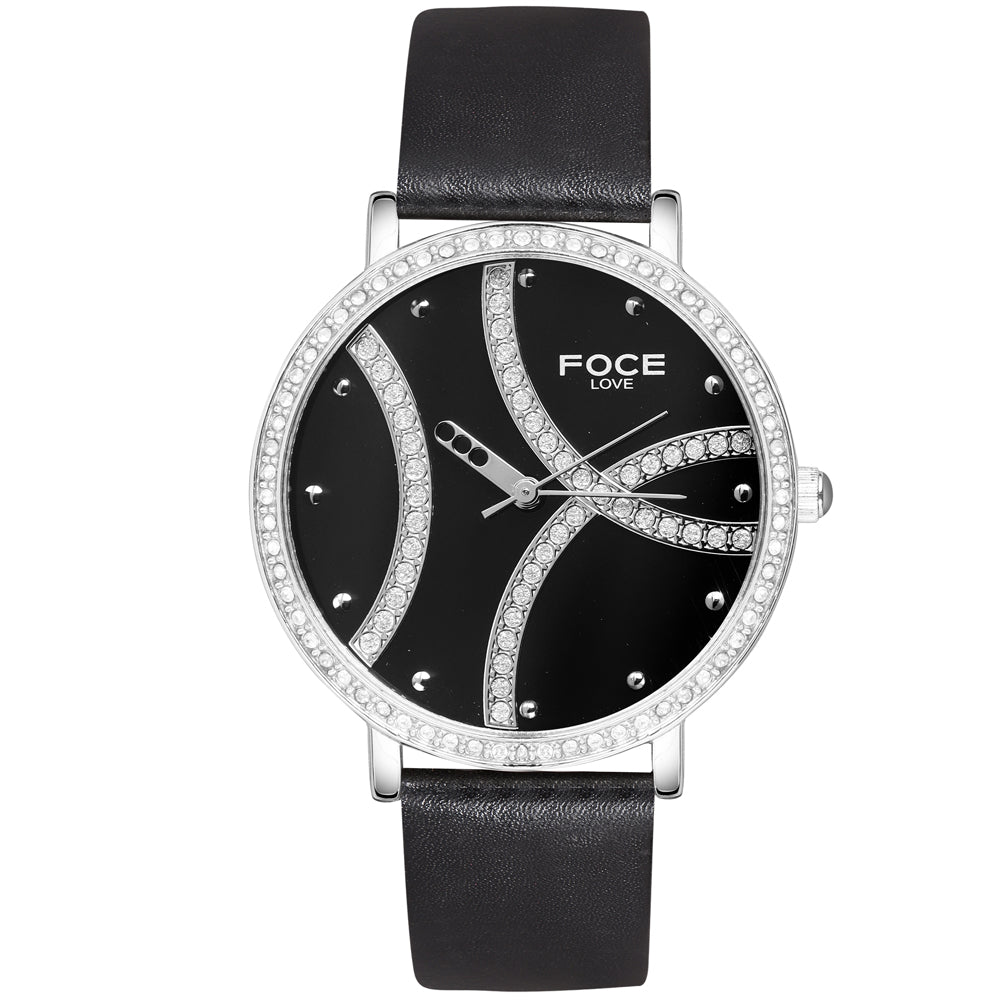 FOCE Analog Black Dial Leather Strap Watch For Women-F485LSL-BLACK