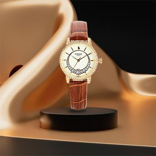 FOCE Multifunction Cream Dial Leather Strap Watch For Women-FA20GGL-Cream