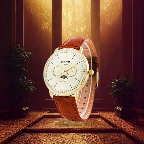 FOCE Multifunction Moonphase Gold Dial Leather Strap Watch For Men-FC12GGL-GOLD