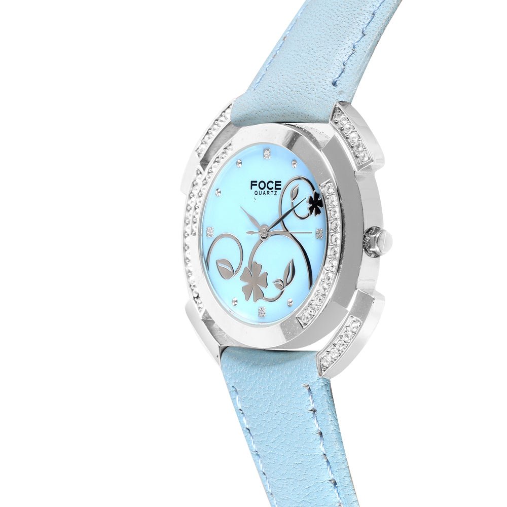 FOCE Analog Light Blue Dial Leather Strap Watch For Women-F778LSL-BLUE