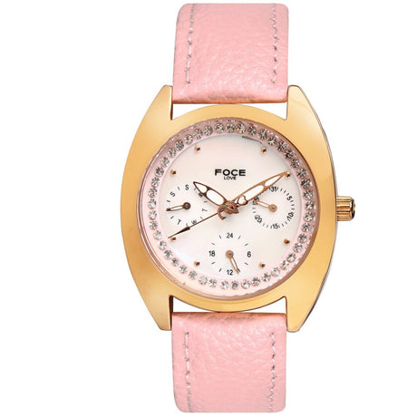 FOCE Chronograph White Dial Leather Strap Watch For Women-F483LRL-PINK