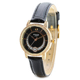 Black Dial Leather Strap Watch For Women
