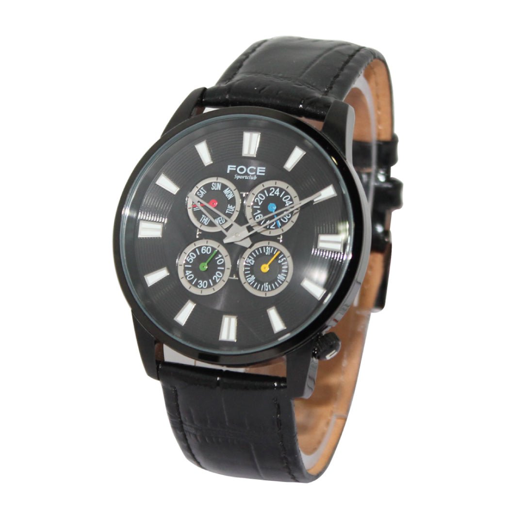 FOCE Multifunction Black Dial Leather Strap Watch For Men-F988BBL-BLACK