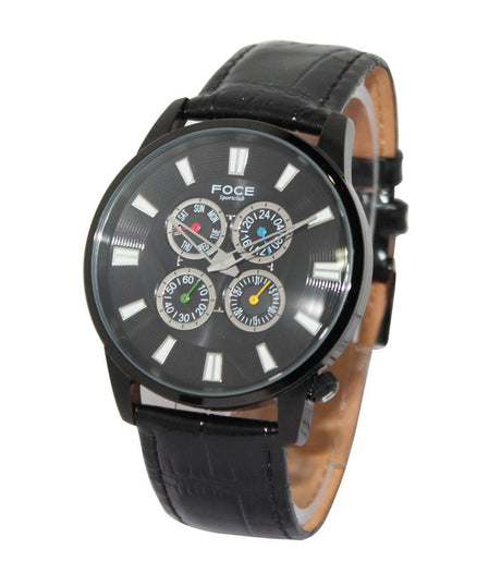 FOCE Multifunction Black Dial Leather Strap Watch For Men-F988BBL-BLACK
