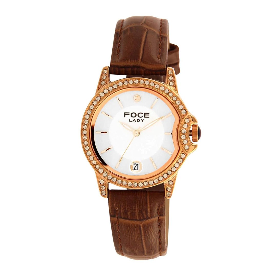 FOCE Multifunction White Dial Leather Strap Watch For Women-FA16RGL