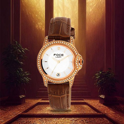 FOCE Multifunction White Dial Leather Strap Watch For Women-FA16RGL