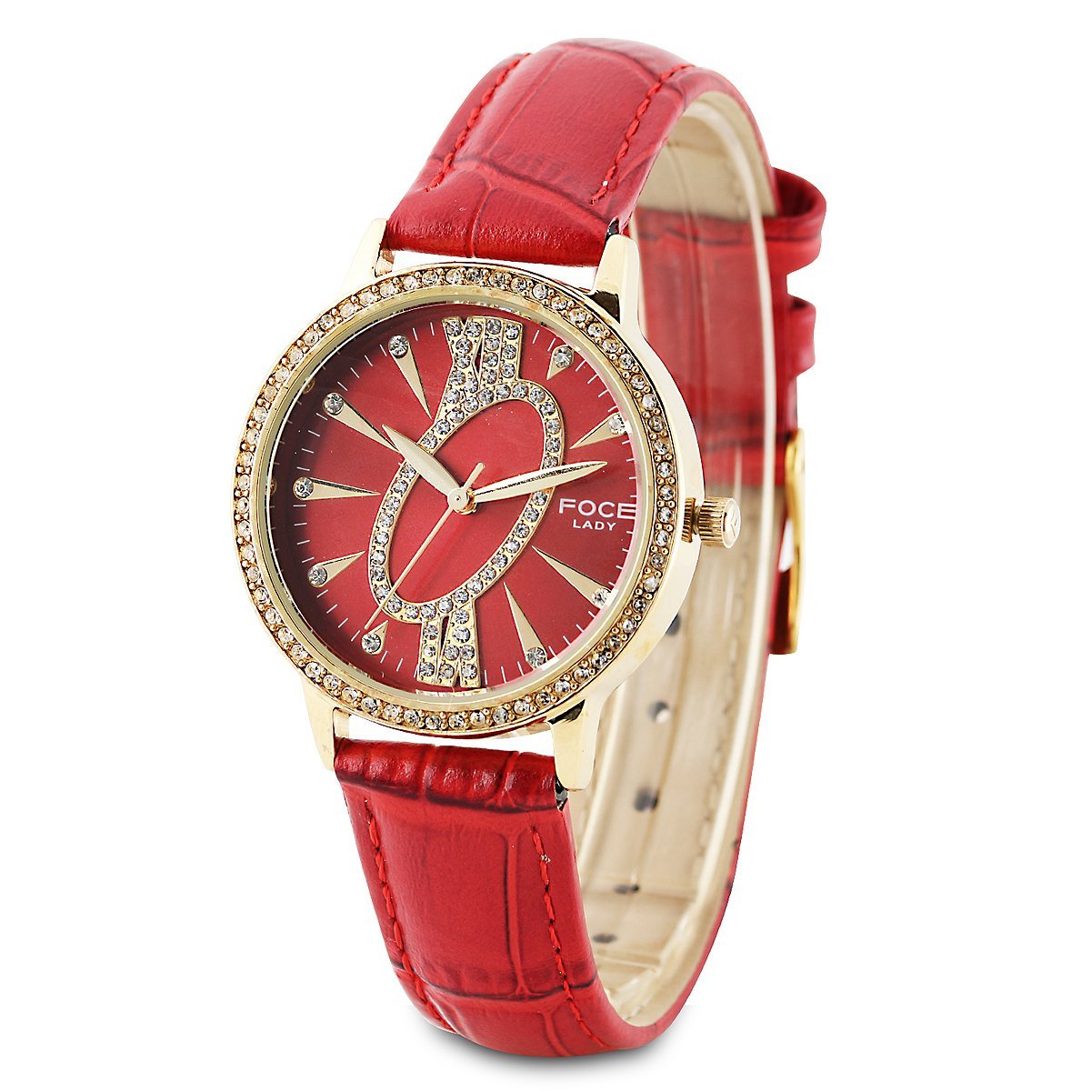Analog Red Dial Leather Strap Watch