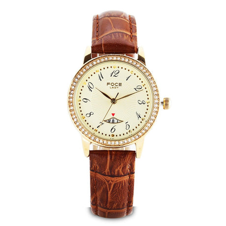 FOCE Multifunction Cream Dial Leather Strap Watch For Women-FA22GGL-CREAM