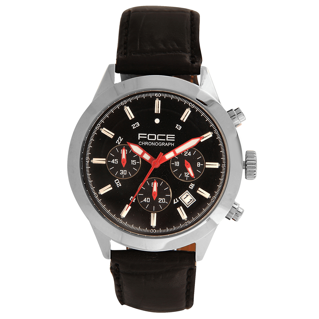 FOCE Chronograph Black Dial Leather Strap Watch For Men-FC113GSL-BLACK