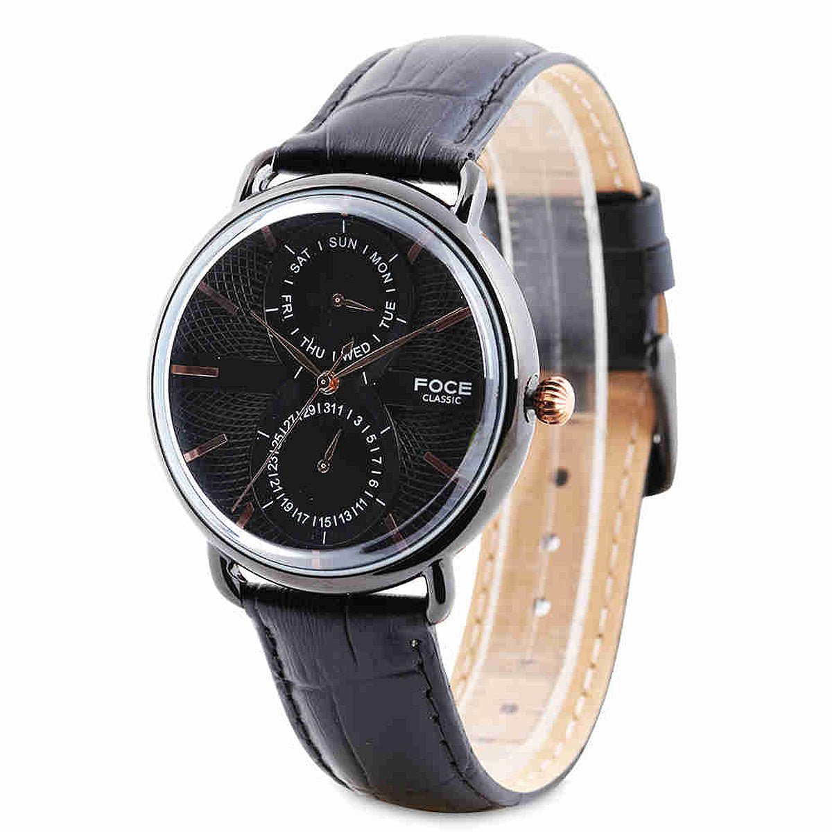 Black Dial Leather Strap Watch for Men