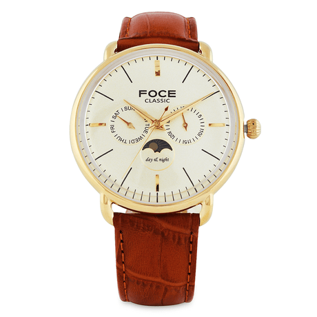 FOCE Multifunction Moonphase Gold Dial Leather Strap Watch For Men-FC12GGL-GOLD