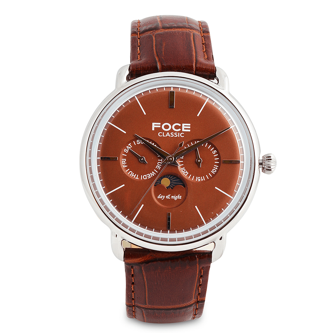 FOCE Multifunction Moonphase Brown Dial Leather Strap Watch For Men-FC12SSL-BROWN