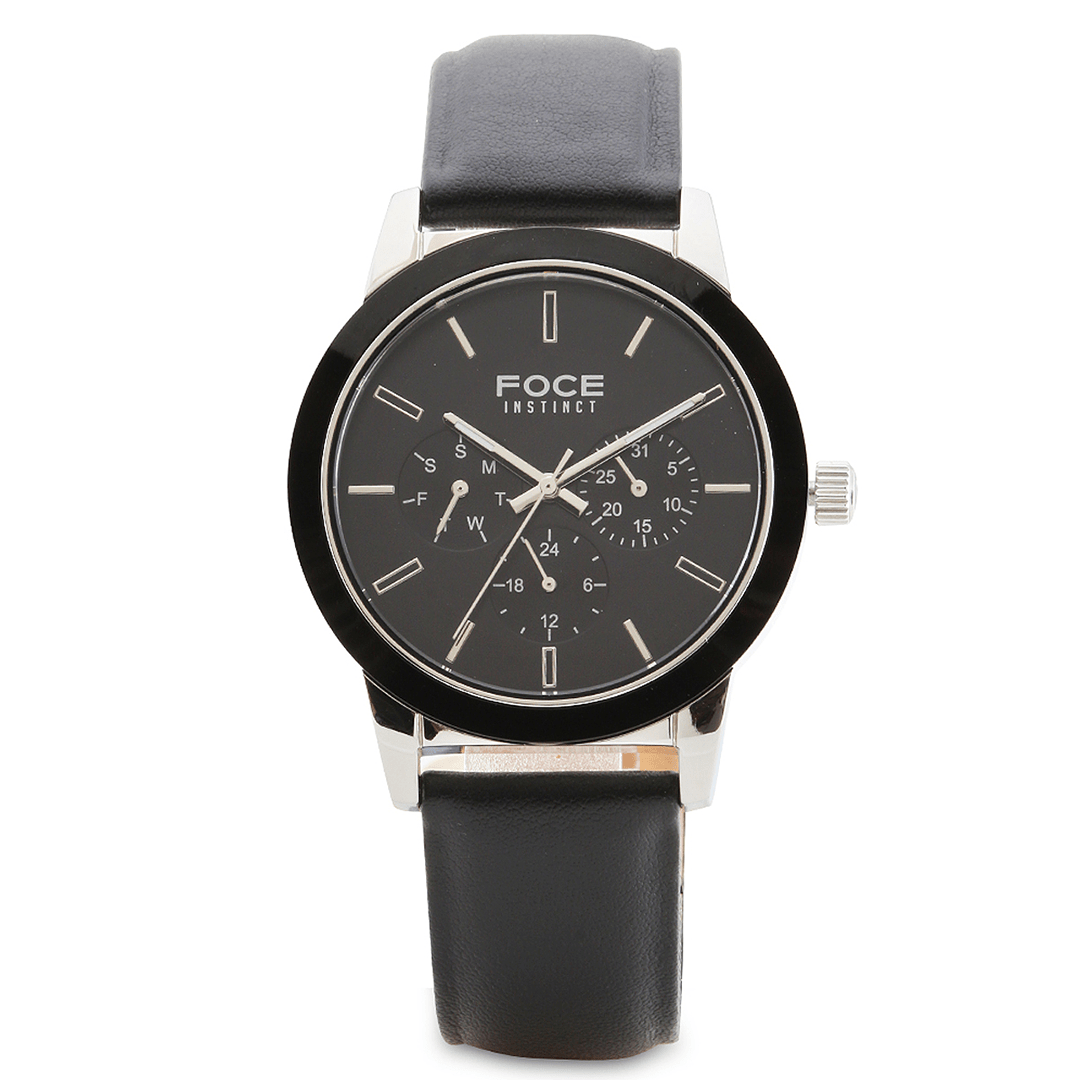 FOCE Chronograph Black Dial Leather Strap Watch For Men-FC13TBL-BLACK