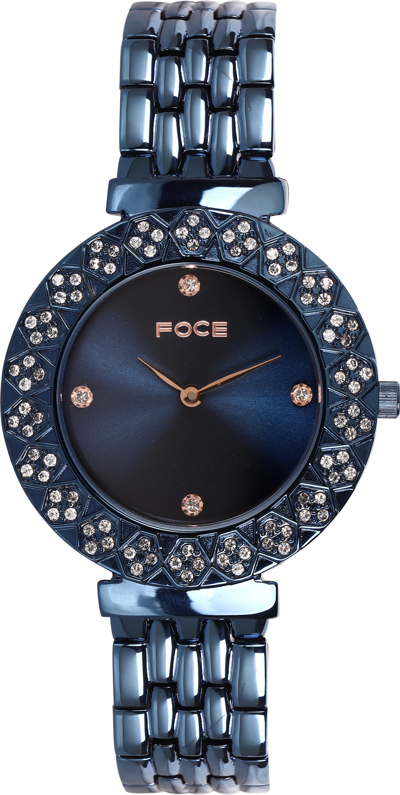 FOCE Blue Diamond Studded Wrist Watch for Women, Dark-Blue Dial, Metal Strap, Sapphire Glass, Model FC11655LBL4