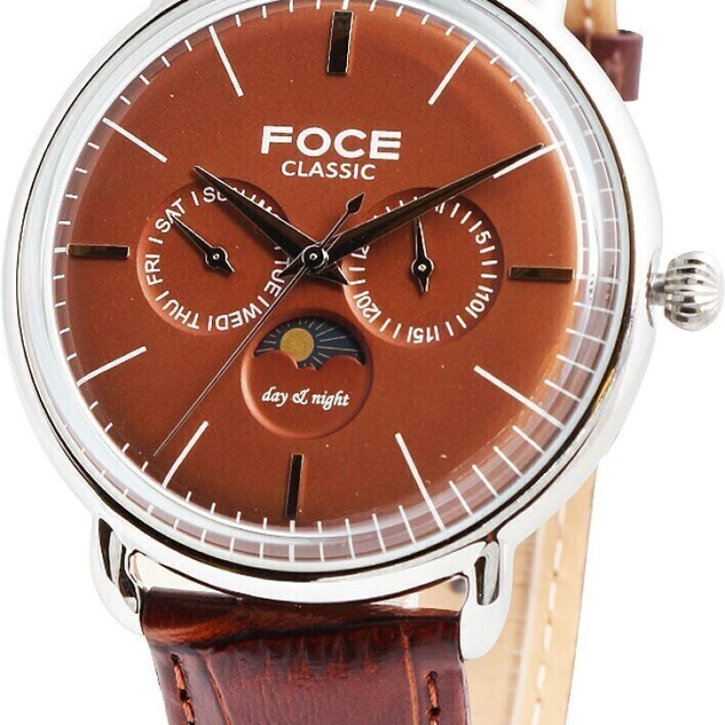 Foce Premium Moonphase Silver Case Men's Watch, Brown Dial, Brown 