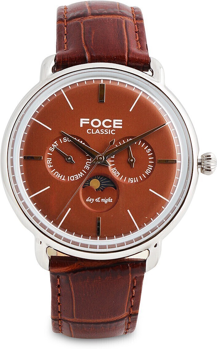 FOCE Premium Moonphase Silver Case Men's Watch, Brown Dial, Brown ...